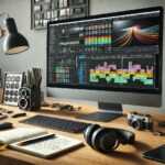DALL·E 2025-01-16 18.02.37 - A modern desk setup featuring a computer screen displaying the interface of DaVinci Resolve, with a colorful video editing timeline visible. The desk
