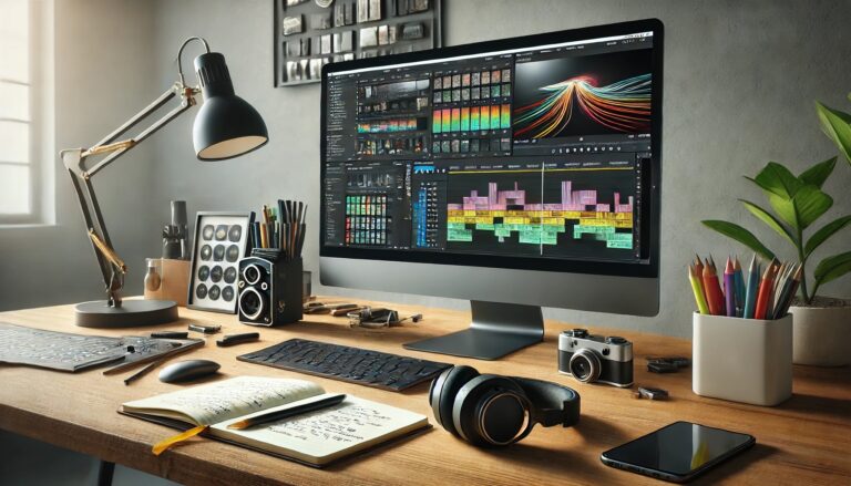DALL·E 2025-01-16 18.02.37 - A modern desk setup featuring a computer screen displaying the interface of DaVinci Resolve, with a colorful video editing timeline visible. The desk
